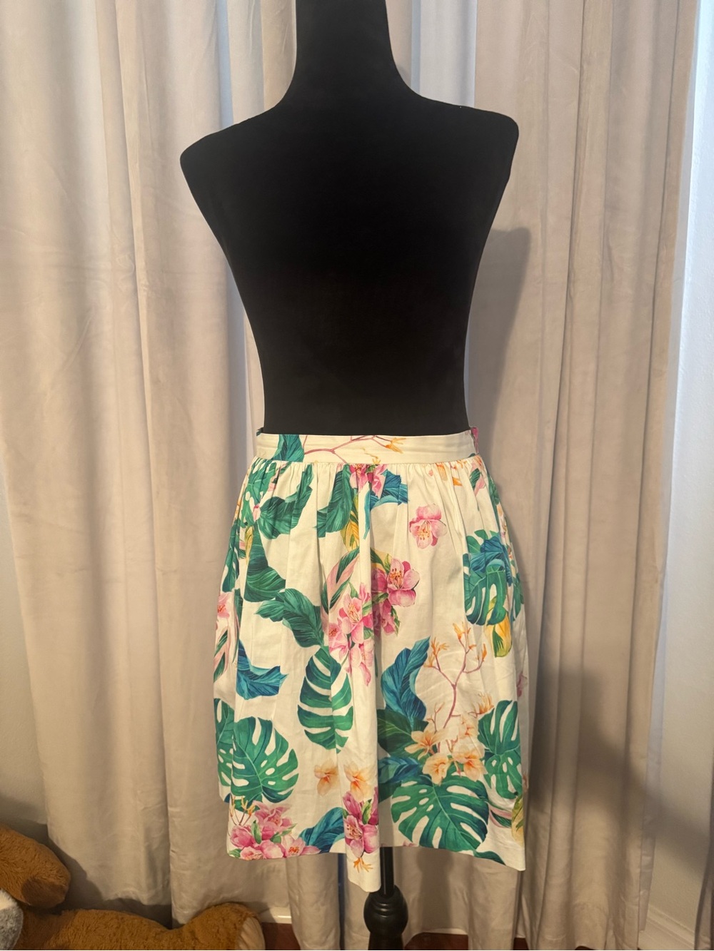 NAF NAF Cream Skater Skirt with Green Leaves and Pink Flowers